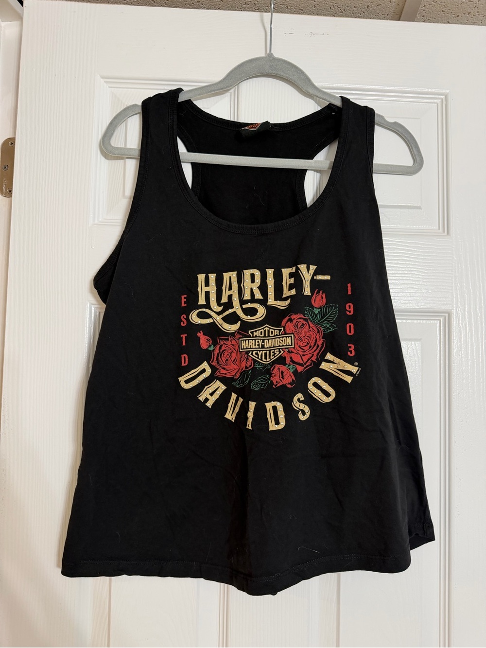 Harley-Davidson Black Tank Top with Gold Logo and Red Rose Graphic
